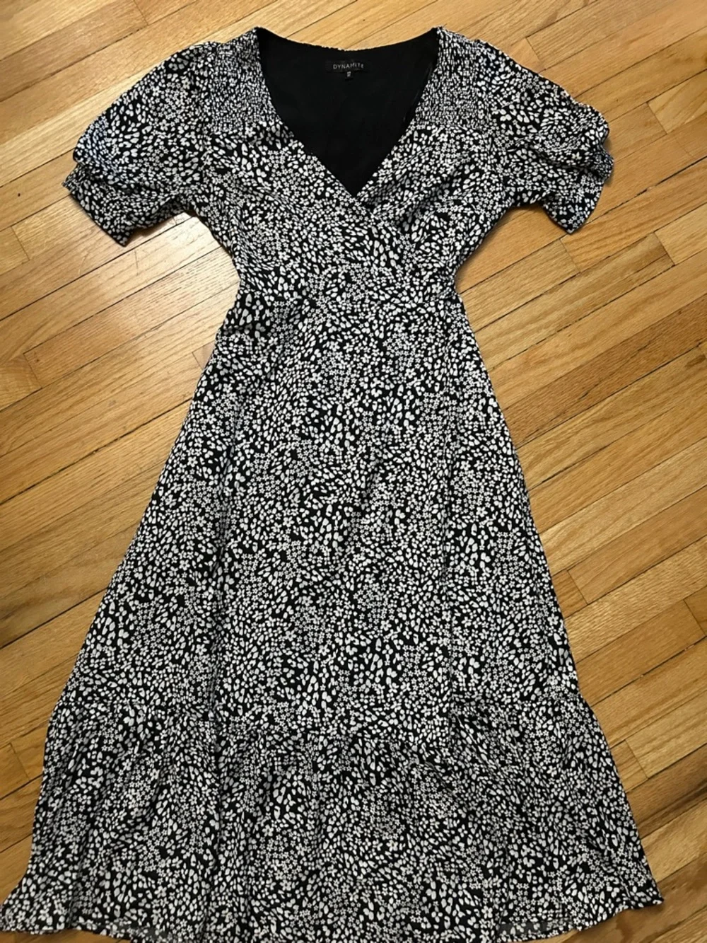 Dynamite Monochrome Dot Print Wrap-Style Midi Dress - Picture 1 of 1